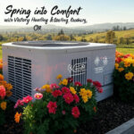 Spring HVAC service graphic featuring a modern HVAC unit surrounded by colorful seasonal flowers, set against Roseburg, Oregon’s scenic landscapes. Includes a thermostat, air filter, and energy-saving icons. Tagline reads 'Spring into Comfort with Victory Heating & Cooling, Roseburg, OR,' with the Victory Heating and Cooling logo in the corner.