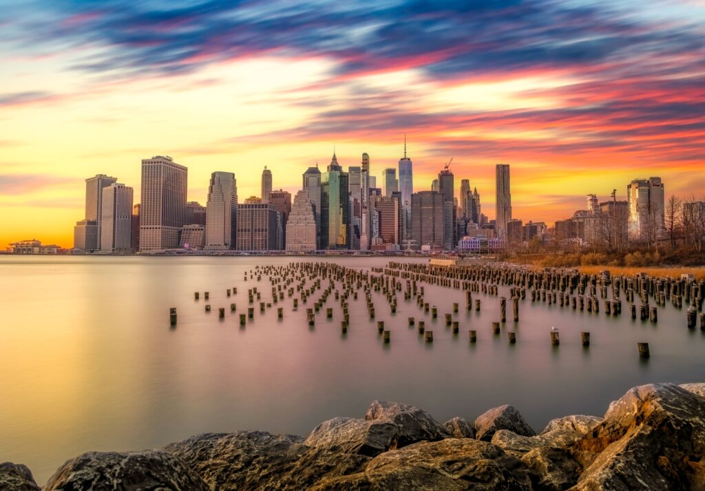 A long exposure shot of a beautiful sunset over New York