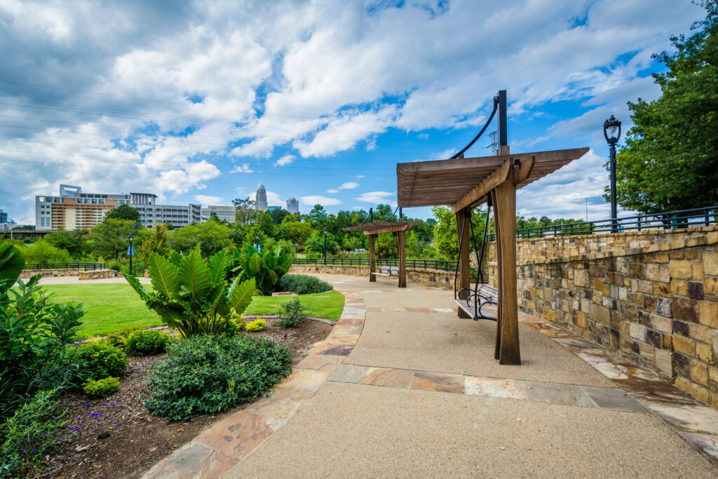 Walkway, bench and gardens at Elizabeth Park