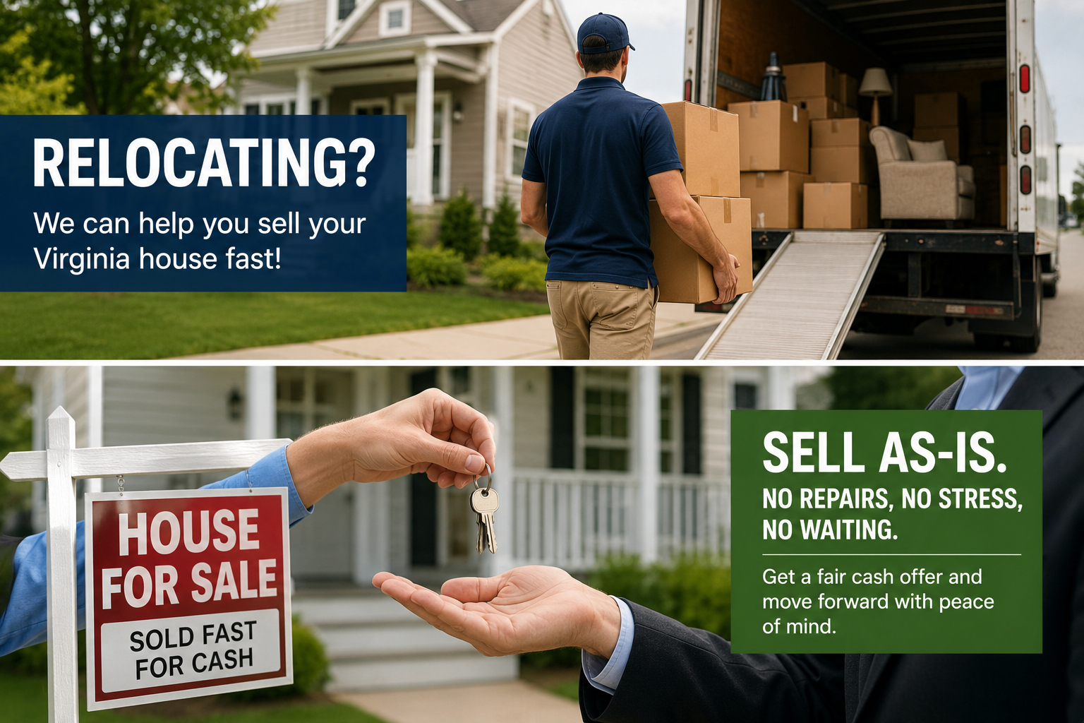 Homeowner relocating from Virginia while selling a house fast for cash without repairs, featuring moving boxes, a moving truck, and a sold house sign.