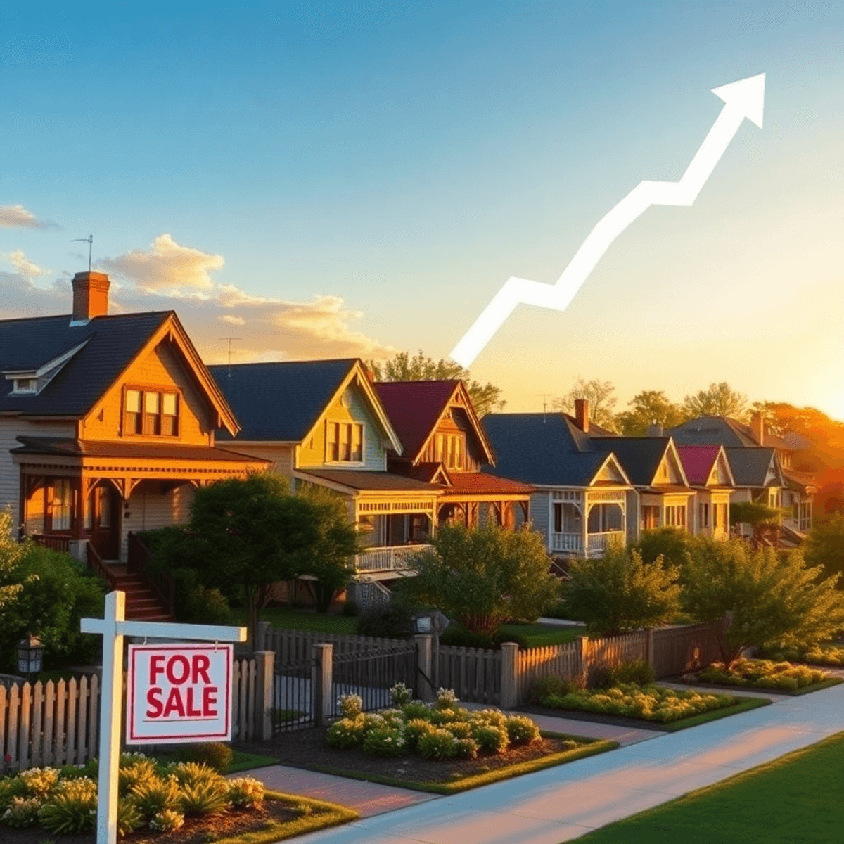 Charming Austin neighborhood at golden hour with diverse houses, gardens, a subtle for sale sign, and an abstract upward arrow in the sky symbolizing market growth.