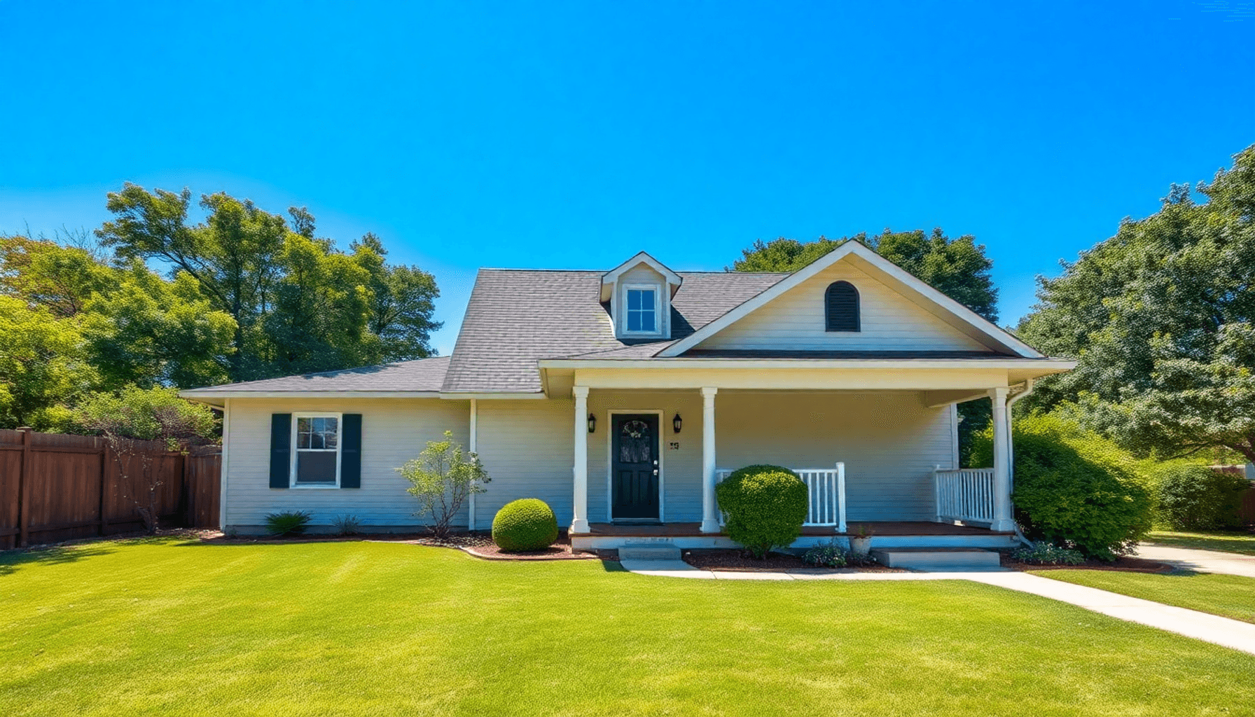 Sunlit suburban house with a neat yard and inviting porch, surrounded by greenery under a clear blue sky, symbolizing a vacant home ready to sell quickly.