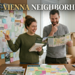 Concise, keyword-dense description for image search and indexing. Excited couple choosing a neighborhood on a map of Vienna Virginia. Board has post-its for Vienna Woods and Oakton-Vienna with text Best Vienna Neighborhoods.
