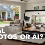 Real estate listing photo comparison showing AI-staged room on a laptop and an actual older Northern Virginia home interior.
