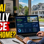 Computer displaying AI home value data alongside a local real estate professional reviewing a property.