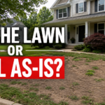 Damaged front lawn with bare spots outside a Northern Virginia home before selling.