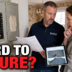 Home inspector reviewing an old electrical panel and roof condition in a Northern Virginia home before sale.