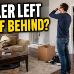 Buyer standing in a Northern Virginia home after closing with furniture and boxes left behind by the seller.