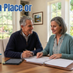 Older Northern Virginia homeowners discussing future home plans in a bright living room.