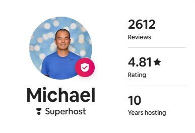 Superhost Micheal 10 years in the business with 4.8 positive ratings