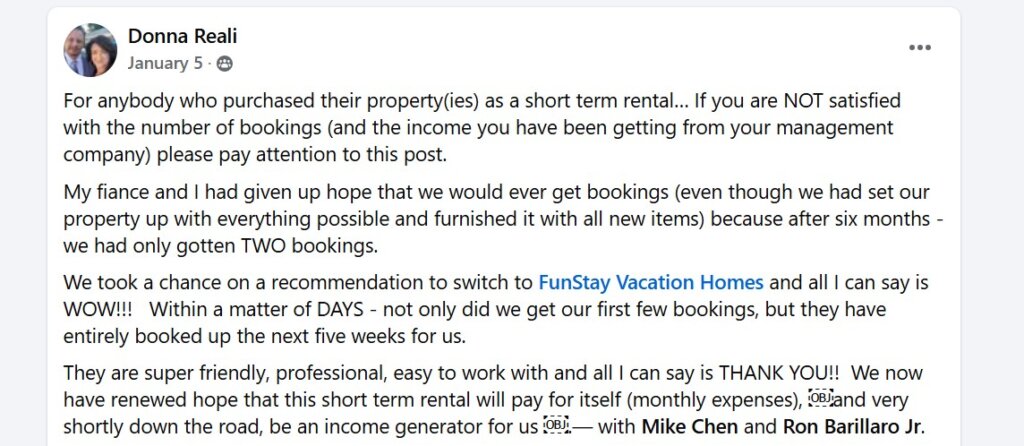Donna Reali - Satisfied review for Funstay Vacation Homes