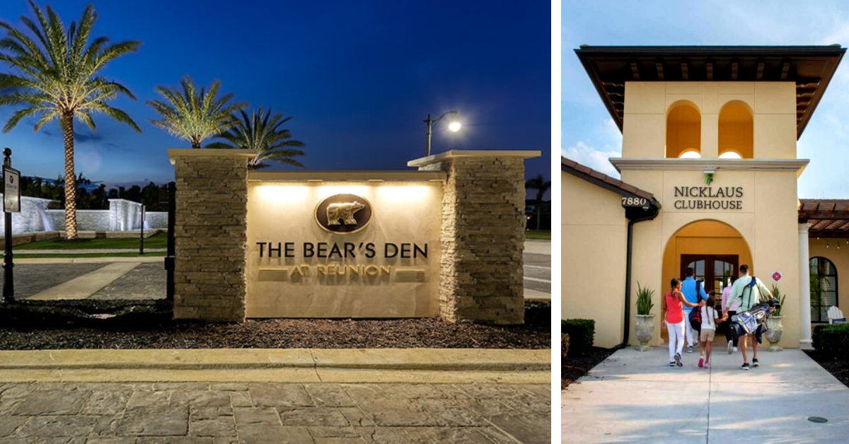 Entrance sign at The Bear’s Den and family entering Nicklaus Clubhouse at Reunion Resort.