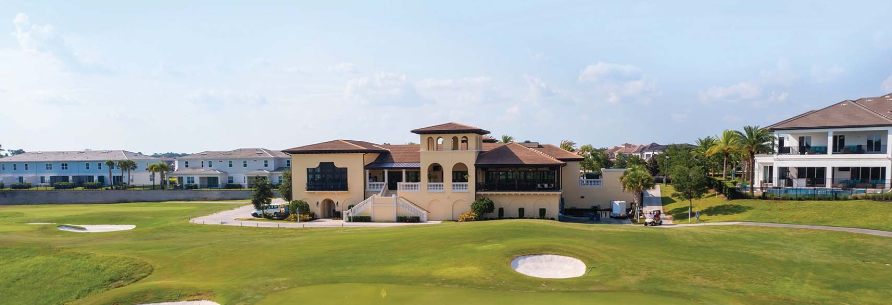 Nicklaus Clubhouse and golf course view at Reunion Resort.