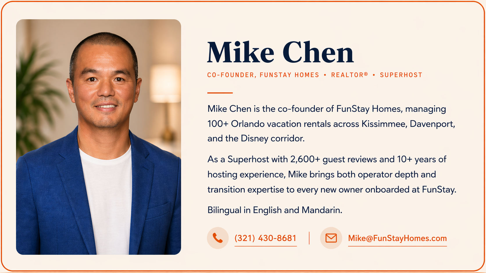 Mike Chen
Co-founder, FunStay Homes · Realtor® · Superhost
