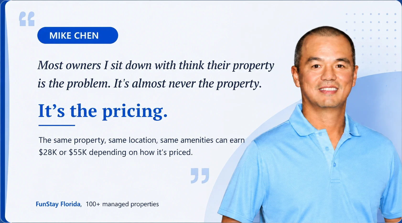 Mike Chen beside a quote explaining how pricing can affect whether the same vacation rental earns $28K or $55K.