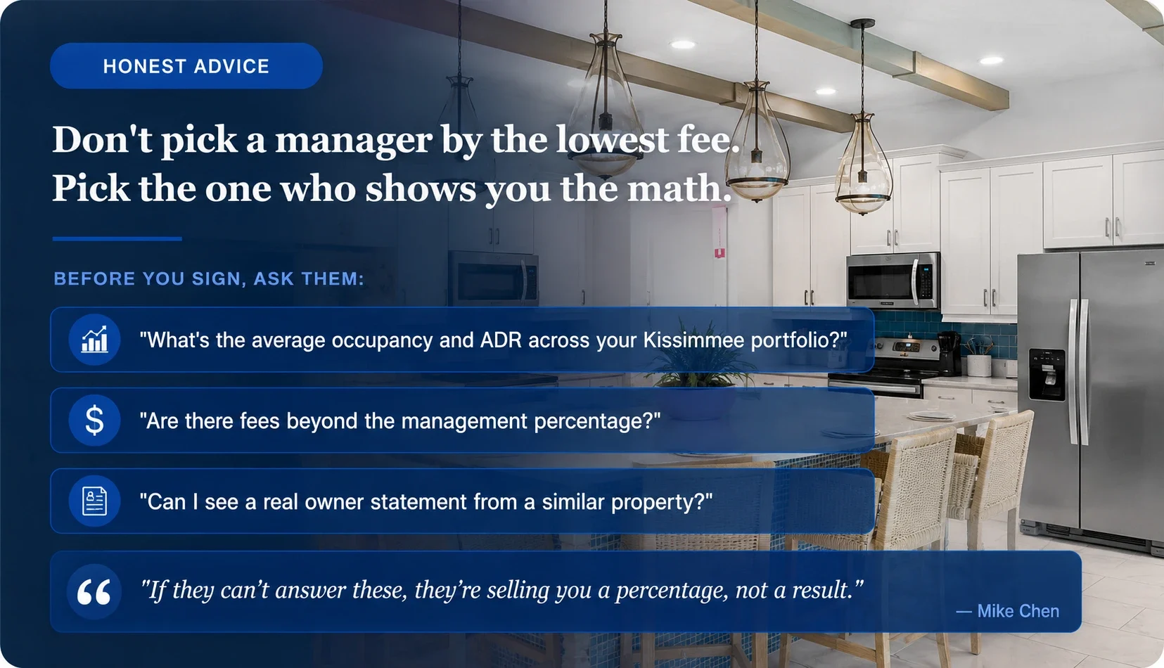 Property management advice infographic over a vacation rental kitchen.