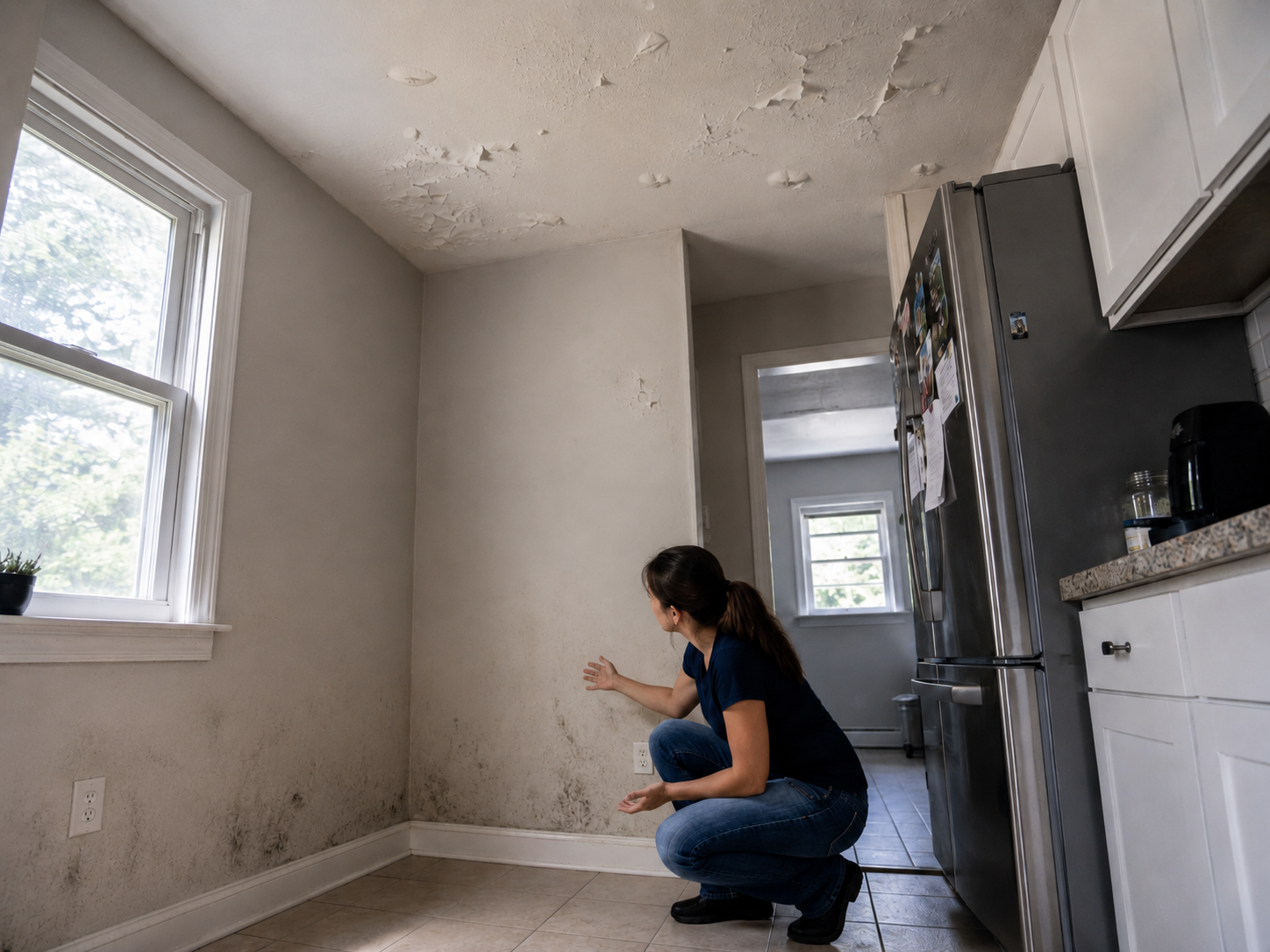 Woman inspecting light mold growth and peeling ceiling paint caused by indoor humidity.