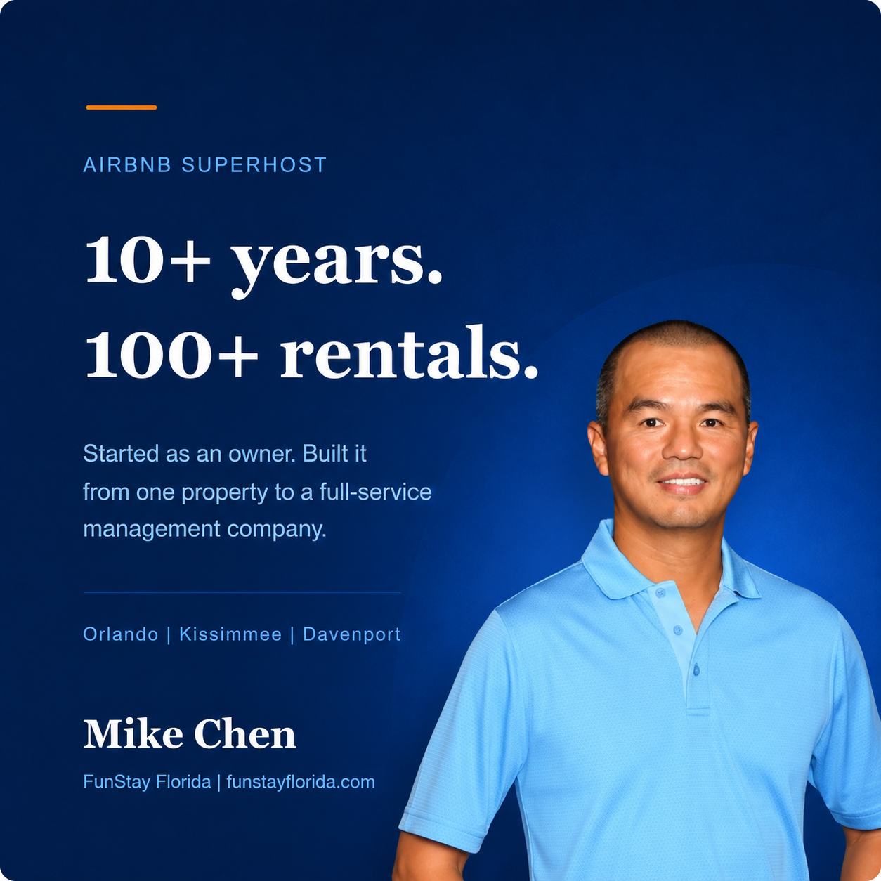 Mike Chen of FunStay Florida, an Airbnb Superhost with over 10 years of experience managing 100-plus rentals across Orlando, Kissimmee, and Davenport.