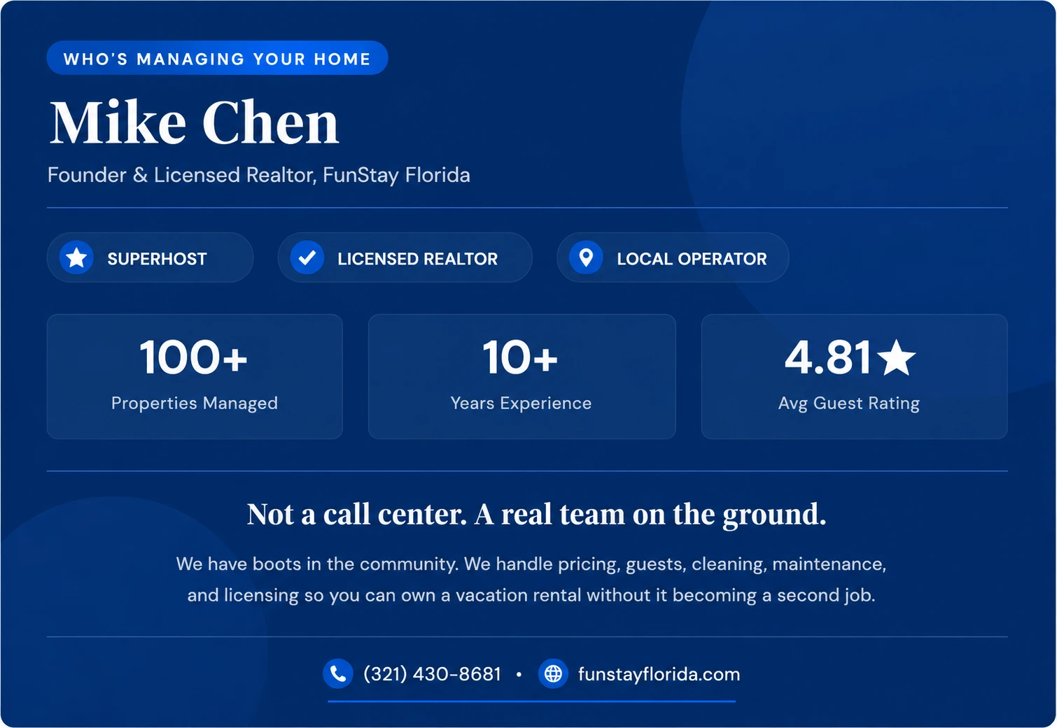 Mike Chen, FunStay Florida property manager and licensed realtor.