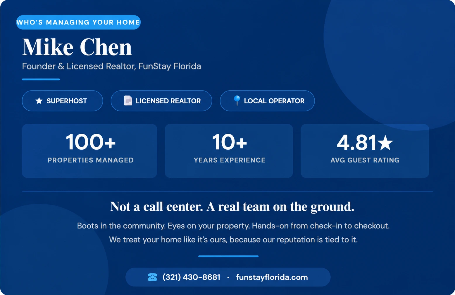 Mike Chen, founder and licensed realtor at FunStay Florida, managing 100+ properties with a 4.81-star guest rating.