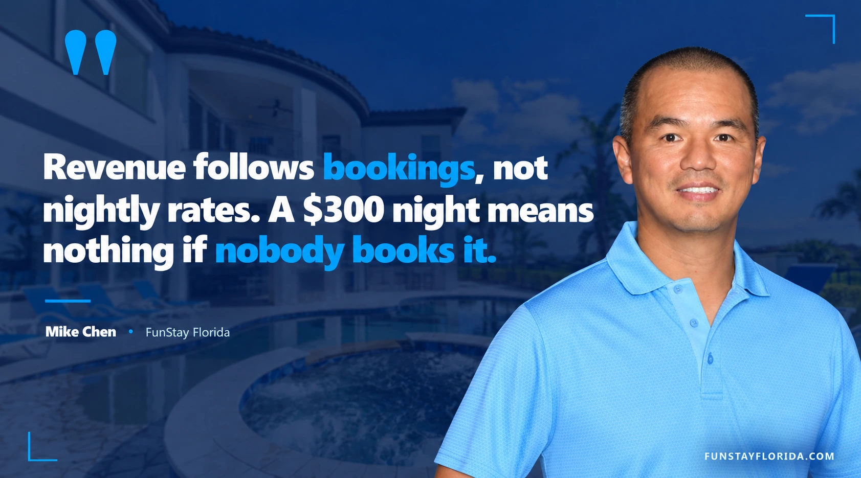 Mike Chen quote graphic explaining that Airbnb revenue depends on bookings and occupancy, not just high nightly rates.