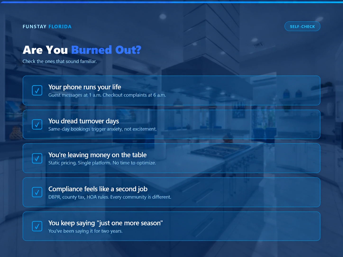 Burnout Self-Check Orlando vacation rental owner burnout checklist showing five signs of self-management stress, including guest messages, turnovers, pricing, compliance, and burnout.