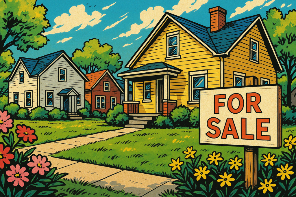 Comic-style illustration of suburban New Jersey homes for sale in spring, with blooming flowers and a "For Sale" sign — representing New Jersey’s 2025 real estate market trends.
