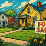 Comic-style illustration of suburban New Jersey homes for sale in spring, with blooming flowers and a "For Sale" sign — representing New Jersey’s 2025 real estate market trends.