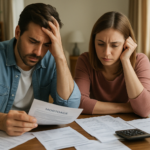 Stressed couple sitting at a table surrounded by mortgage documents and bills, representing financial hardship and late mortgage payments in Bergen County, NJ.