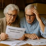 Elderly couple in their 70s sitting in an outdated Bergen County kitchen, reviewing a property tax bill with visible concern and surrounded by unpaid household bills.