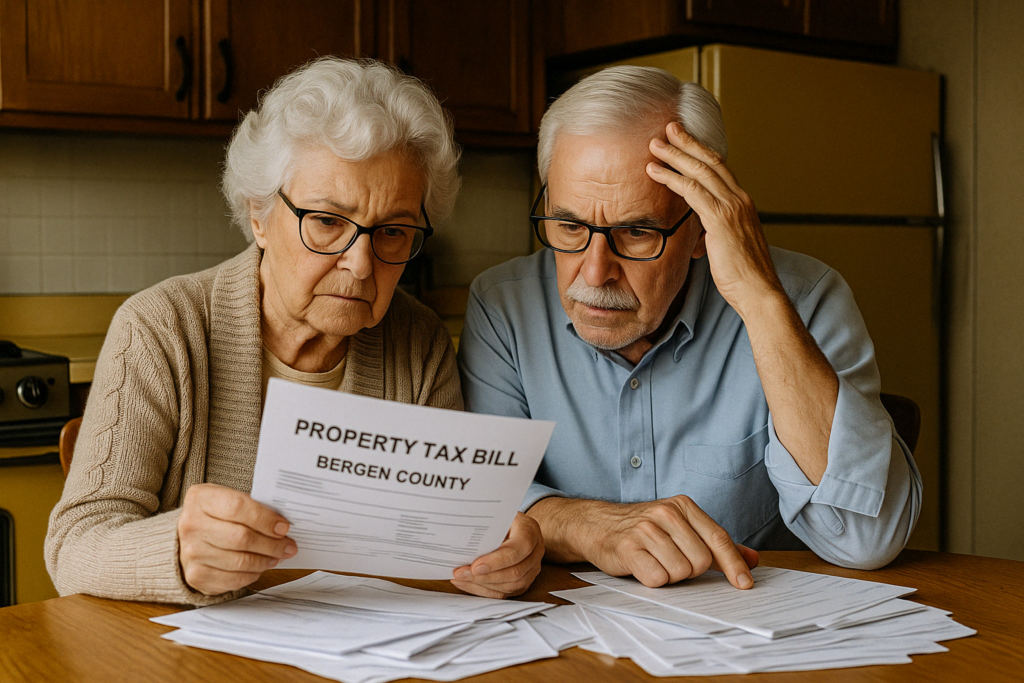 Elderly Bergen County couple in a dated kitchen with harvest gold appliances, reviewing a property tax bill with concern and surrounded by household bills.