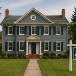 Traditional Colonial-style home for sale in Bergen County, New Jersey with blue siding, white trim, and a visible For Sale sign in the yard.