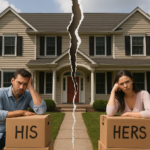 Split New Jersey Colonial-style home representing division of assets during divorce, with his and hers sides visibly separated