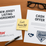Two real estate documents labeled "New Jersey Listing Agreement" and "Cash Offer" on a wooden desk with a sticky note reading "Call Kevin Hill" in handwritten text