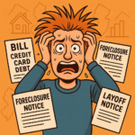 Cartoon illustration of a stressed New Jersey homeowner surrounded by bills, a foreclosure notice, a layoff notice, and rising financial charts.