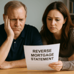 Middle-aged brother and sister reviewing a reverse mortgage statement at a kitchen table after inheriting their parent's home in New Jersey.