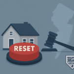Illustration of a small house next to a gavel and a large red RESET button, symbolizing a fresh start for New Jersey homeowners selling during bankruptcy.