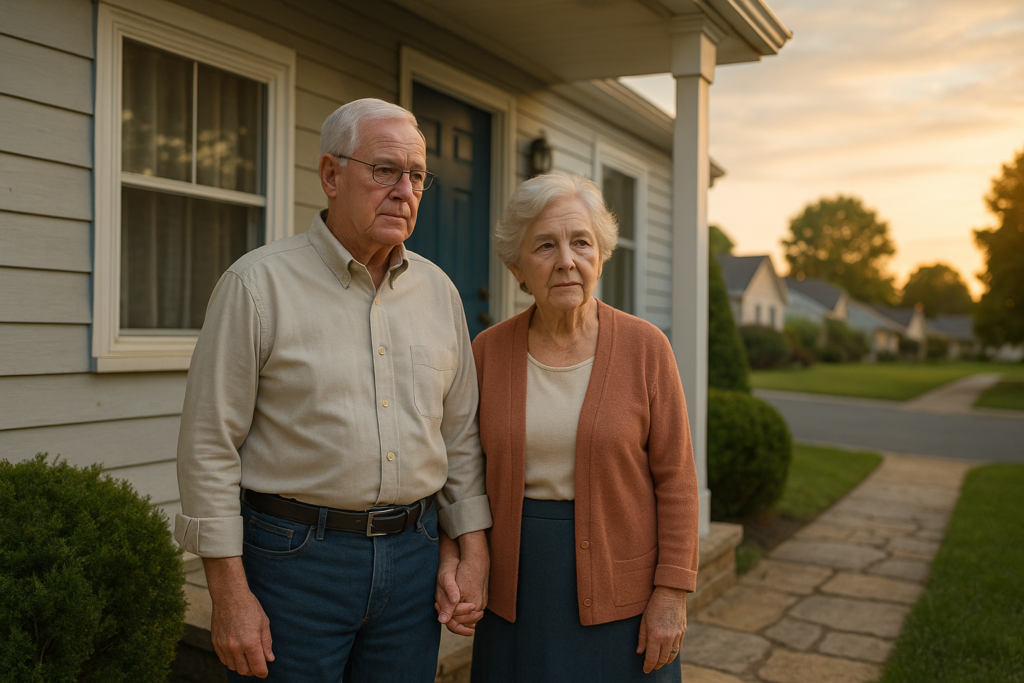 Elderly couple standing outside their Bergen County home, reflecting on their next steps as they prepare to move into assisted living.