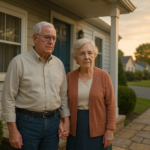 Elderly couple standing outside their Bergen County home, reflecting on their next steps as they prepare to move into assisted living.