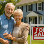 Smiling senior couple standing outside their Bergen County, NJ home with a For Sale sign, preparing to sell before retirement.