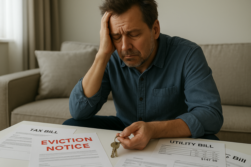 Middle-aged landlord in New Jersey looking overwhelmed, surrounded by tax bills, eviction notices, and utility bills—symbolizing the burnout many property owners face.