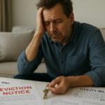 Middle-aged landlord in New Jersey looking overwhelmed, surrounded by tax bills, eviction notices, and utility bills—symbolizing the burnout many property owners face.