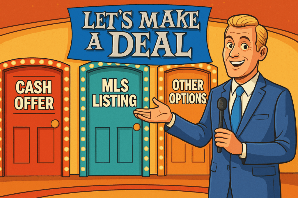 Colorful cartoon-style image of a retro game show host standing beside three lit-up doors labeled "Cash Offer," "MLS Listing," and "Other Options," with a “Let’s Make a Deal” logo above.