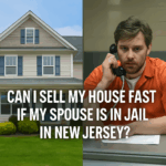 Split image showing a New Jersey house on the left and a man in an orange prison jumpsuit behind jail glass on the right, symbolizing the challenges of selling a home while a spouse is incarcerated.