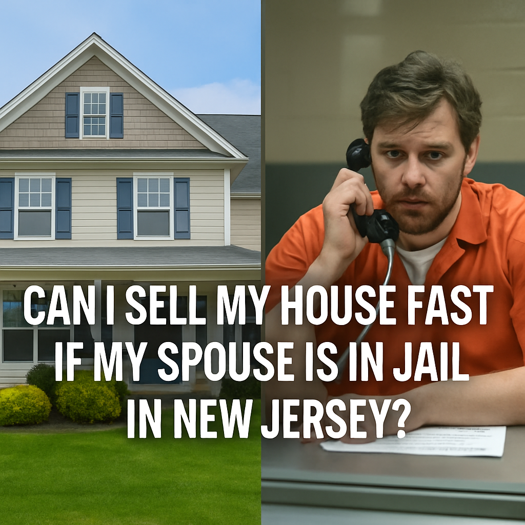 Split image showing a New Jersey house on the left and a man in an orange prison jumpsuit behind jail glass on the right, symbolizing the challenges of selling a home while a spouse is incarcerated.