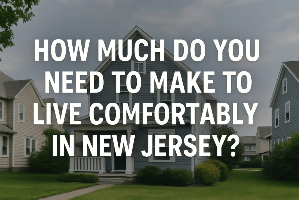 Text overlay on a suburban New Jersey home asks, “How much do you need to make to live comfortably in New Jersey?”