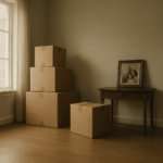Empty living room with stacked moving boxes and a framed family photo on a wooden side table, symbolizing a home transition.