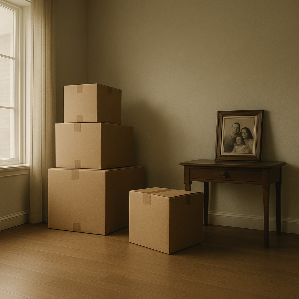 Empty living room with stacked moving boxes and a framed family photo on a wooden side table, symbolizing a home transition.