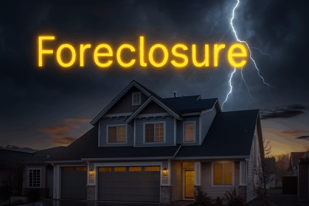 Suburban New Jersey home under storm clouds with lightning and "Foreclosure" written in yellow across the sky.