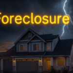 Suburban New Jersey home under storm clouds with lightning and "Foreclosure" written in yellow across the sky.